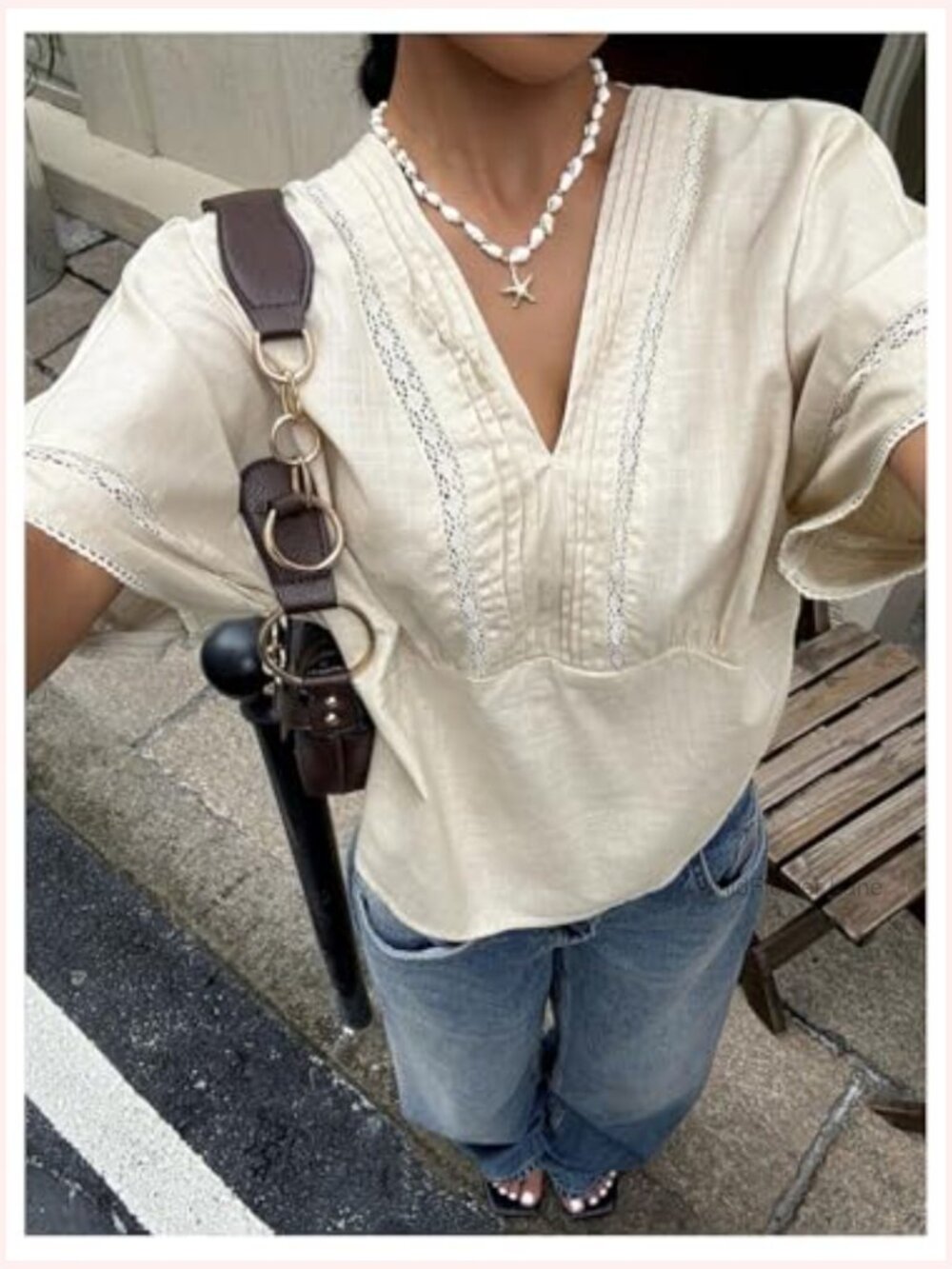 Boho Peasant Blouse Lace V Neck Cinched Waist 3/4 Sleeve Embroidered Shirt - Picture 4 of 5
